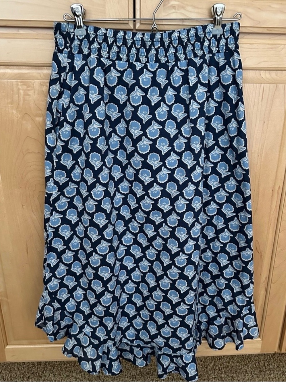 J. Crew Navy and Light Blue Floral Midi Skirt with Ruffle Hem